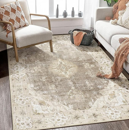 MUJOO Boho Rug 4'x6.5',Beige Area Rugs for Bedroom Living Room Dining Room,Machine Washable Non Slip Carpet Vintage Bohemian Distressed Farmhouse,Floral