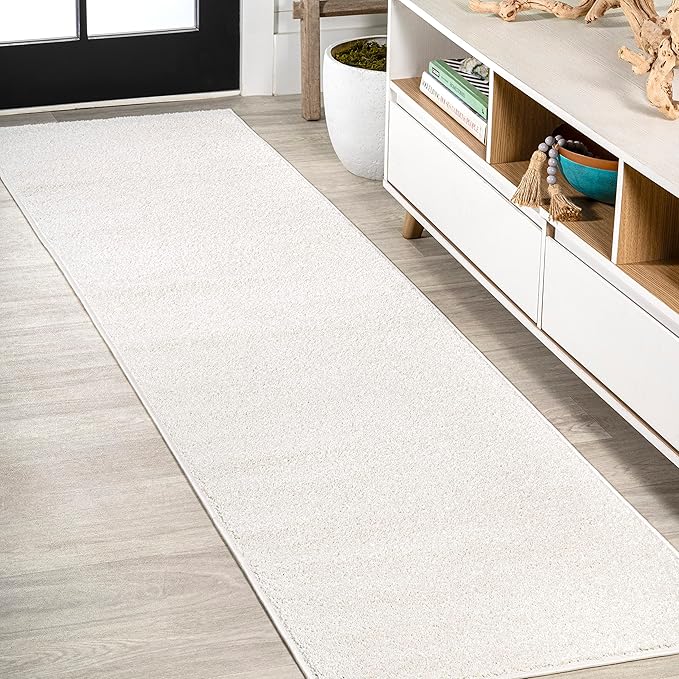 Eyely UES100T-214 Supersoft Haze Solid Low-Pile Indoor Runner Rug, Coastal, Bohemian, Minimalist, Classic, Casual for Bedroom,Kitchen,Living Room,Non Shedding,Easy-Washing, Cream, 2 X 14
