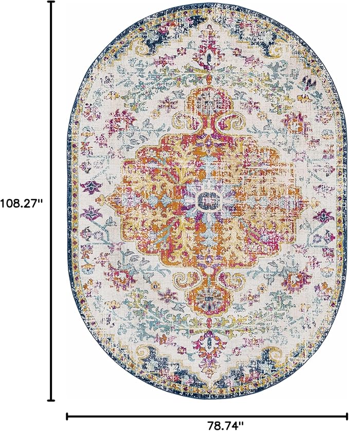Hauteloom Kaleidoscope 6' 7" x 9' Moroccan Bohemian Updated Traditional - Oriental Area Rug - Oval - Polypropylene - Saffron, Light Gray, Charcoal, Teal, Dark Blue, Garnet, Burnt Orange, Beige