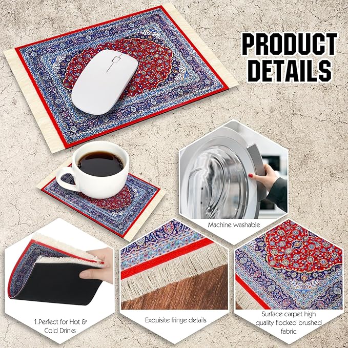 Hushee 4 Pcs Style Carpet Mouse Pad Mini Vintage Coasters Oriental Mouse Pad Floral Pattern Graduation Gift Rug with Anti Slip Rubber Base for Doll House Desk(Classic Style)