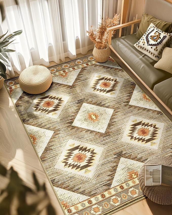 Area Rug 5x7 Rug Machine Washable Non-Slip Low Pile Print Pattern Western Rug for Living Room Bedroom Entryway Tribal Series -Cream/Camel