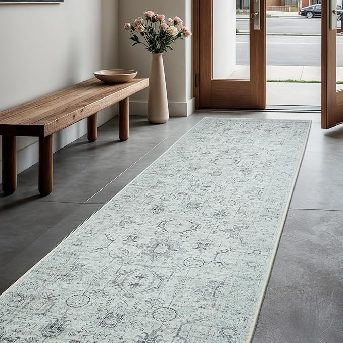 GLN Rugs Bohemian Collection - Machine Washable Area Rug, Bohemian Vintage, Non Slip, Low Pile Chenille Rug, Living Room, Bedroom, Bathroom Rug (2'6"x10' Beige and Gray)