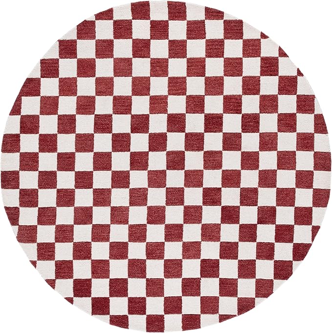 SAFAVIEH Ebony Collection Area Rug - 6' Round, Red & Ivory, Handmade Wool, Checkered Pattern, Ideal for Living Room, Bedroom, Home Office, Dining Space (EBN175Q-6R)