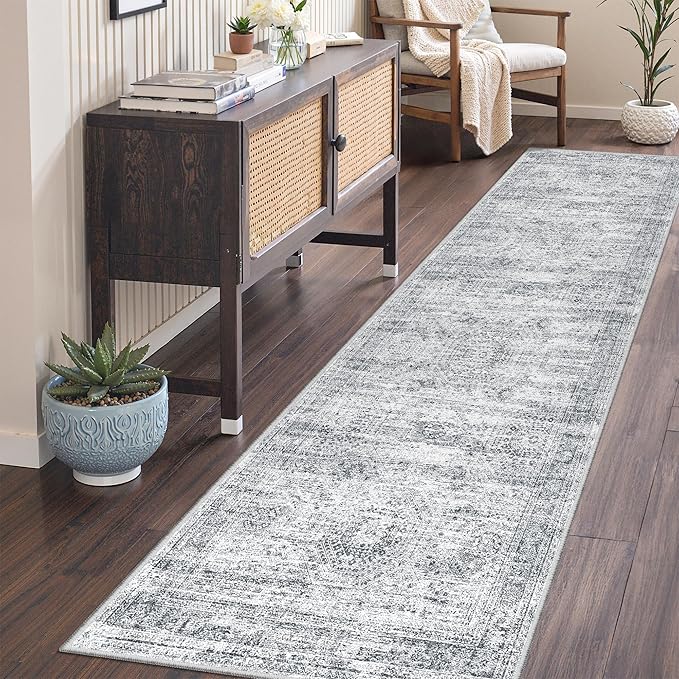 2x7 Runner Rug Non Slip, Thin Entryway Washable Rug for Entryway, Runners for Hallways, Low Pile Vintage Abstract Soft Rugs for Living Room, Kitchen, Bedroom(2'x7', Grey/Ivory')