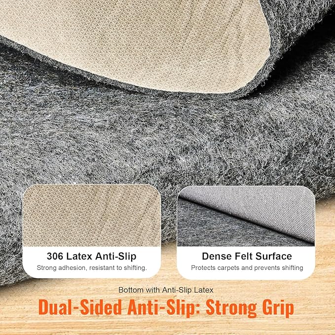VEVOR Non Slip Rug Pad Gripper, 9' x 12' ft 1/4" Thick Polyester Felt & Latex Backing, Gray 10-11㎡ Area Carpet Padding Rug Cushion for All Floors Runner Hardwood Floors Living Room