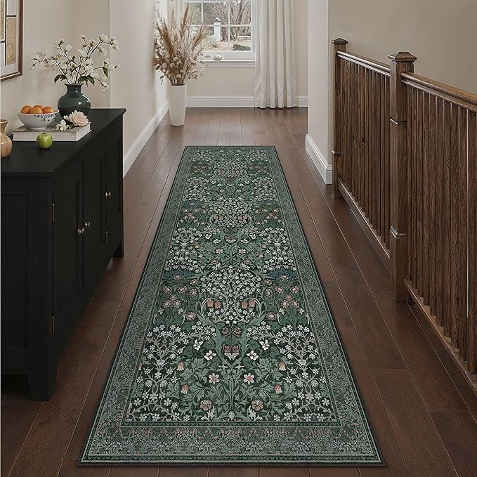 HUGEAR Vintage Floral 2x8 Machine Washable Runner Rugs Green Hallway Rug Retro Neutral Stain Resistant Non Slip Low Pile Throw Carpet for Bedroom Kitchen Aesthetic Modern Decor