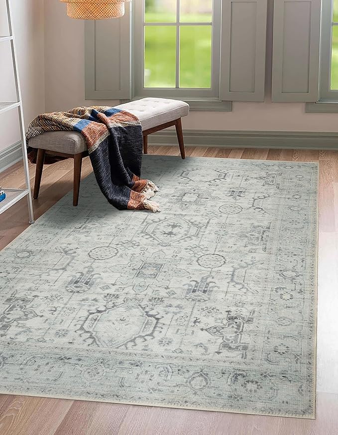 GLN Rugs Bohemian Collection - Machine Washable Area Rug, Bohemian Vintage, Non Slip, Low Pile Chenille Rug, Living Room, Bedroom, Bathroom Rug (4'x6' Beige and Gray)