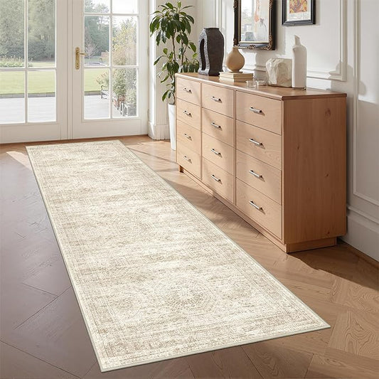 2x7 Runner Rug Non Slip, Thin Entryway Washable Rug for Entryway, Runners for Hallways, Low Pile Vintage Abstract Soft Rugs for Living Room, Kitchen, Bedroom(2'x7', Beige/Ivory')