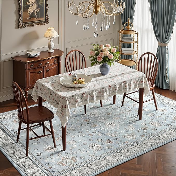 4x6 Light Blue Washable Boho Area Rug for Living Room, Vintage Floral Non Slip Bedroom Rugs, Wool Low Pile Indoor Mat, Aesthetic Pattern Carpet for Kitchen, Office and Bedside