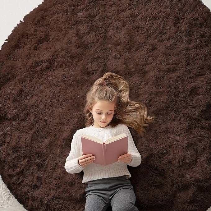 OLANLY Coffee Round Rugs for Bedroom - Machine Washable, 6 ft Circle Area Rugs for Living Room, Soft and Fluffy Shaggy Carpet for Teen Girls and Boys, Nursery Rooms, Dorms, Home Decor Aesthetic