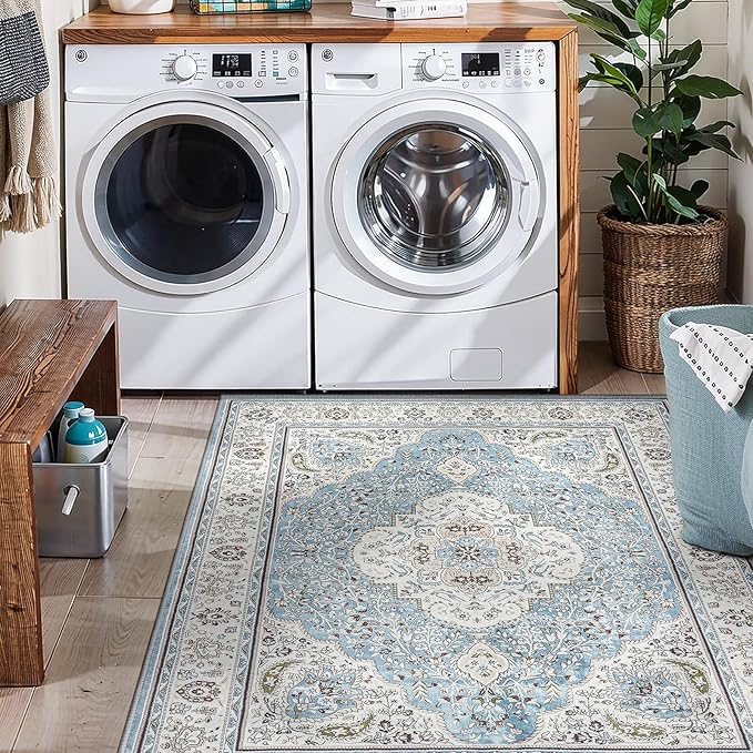 Ciicool Oriental Area Rug 5x7 for Living Room Washable Rugs Blue Floral Medallion Large Rugs Non-Slip Low-Pile Mat Floor Carpets Vintage Rug for Dining Bedroom Foyer Decor (Sky/Baby Blue)