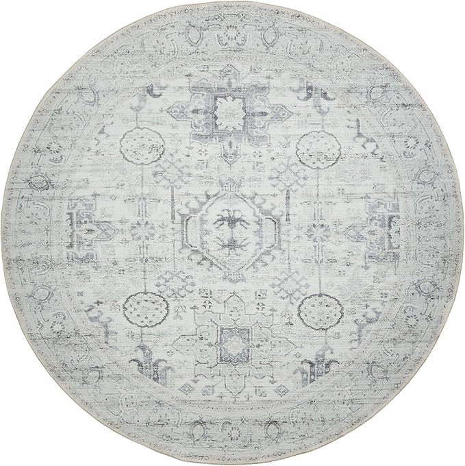 GLN Rugs Bohemian Collection - Machine Washable Area Rug, Bohemian Vintage, Non Slip, Low Pile Chenille Rug, Living Room, Bedroom, Bathroom Rug (5'3" Round Beige/Gray)