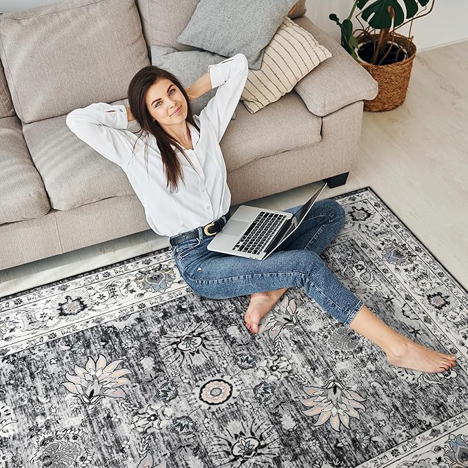 Area Rug 5x7 Washable Rug Grey Boho Rugs for Living Room Bedroom Playroom, Non Slip Low Pile Vintage Rug Floral Print Mat for Dining Room Home Office Christmas Rugs