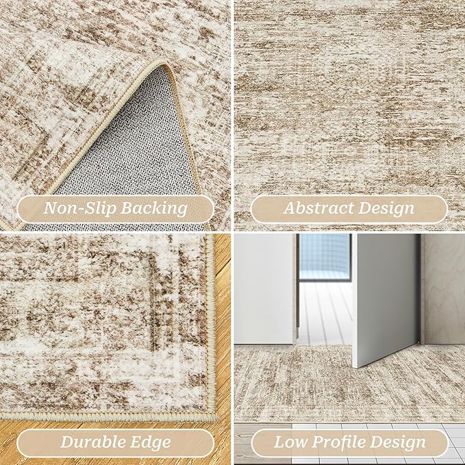 2x5 Rug Runner Washable for Entryway, Soft Bathroom Rugs with Non-Slop Backing, Abstract Low Pile Hallway Runner, Vintage Small Kitchen Carpet for Stair, Laundry Room(2'x5', Brown/Ivory)