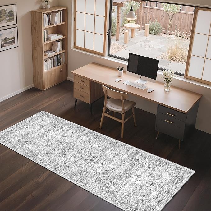 3x6 Runner Rug Non Slip, Thin Entryway Washable Rug for Entryway, Runners for Hallways, Low Pile Vintage Abstract Soft Rugs for Living Room, Kitchen, Bedroom (3'x6', Grey/Ivory')
