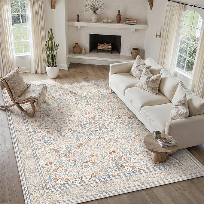 HUGEAR Vintage Floral Machine Washable 8x10 Area Rugs Beige Living Room Bedroom Rug Retro Neutral Stain Resistant Non Slip Low Pile Throw Carpet for Home Aesthetic Modern Decor