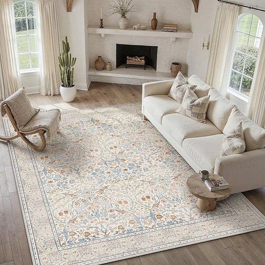 HUGEAR Vintage Floral Machine Washable 6x9 Area Rugs Beige Living Room Bedroom Rug Retro Neutral Stain Resistant Non Slip Low Pile Throw Carpet for Home Aesthetic Modern Decor