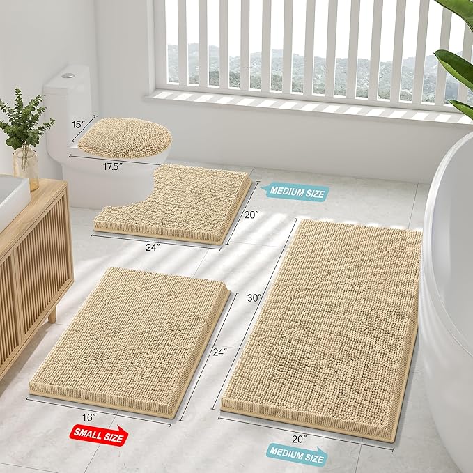 Smiry Luxury Chenille Bathroom Rugs 24x16, Extra Soft and Absorbent Shaggy Bath Mat, Machine Washable, Non-Slip Plush Carpet Runner for Tub, Shower, and Floor, Home Decor Accessories, Beige