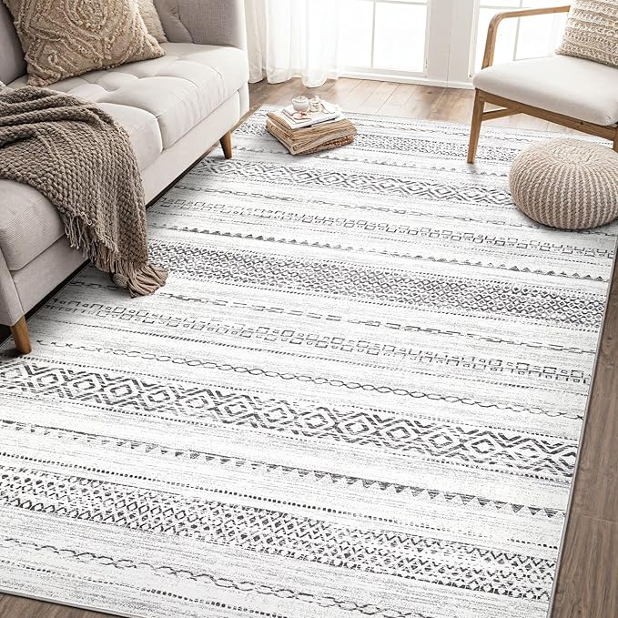 Area Rug Living Room Rugs - 5X7 Washable Boho Farmhouse Bohemian Neutral Large Moroccan Geometric Soft No Slip Indoor Thin Floor Carpet for Bedroom Under Dining Table -Square Grey