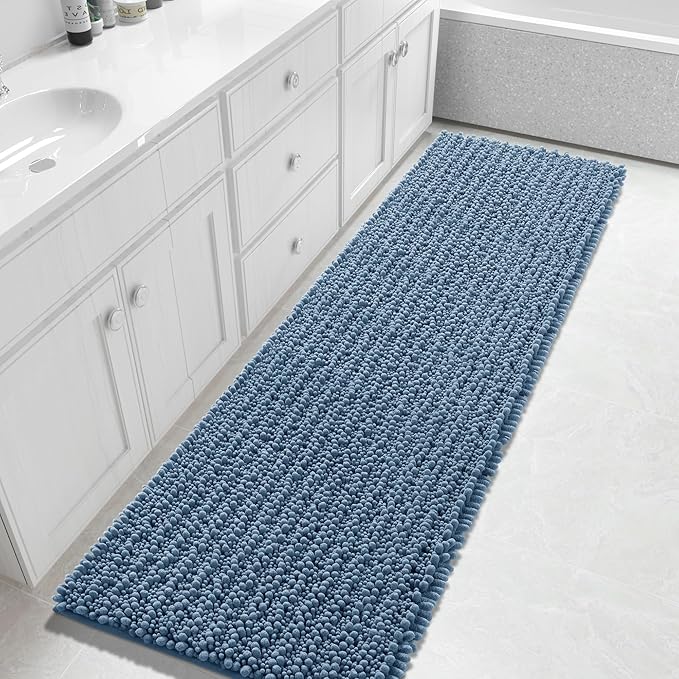 Yimobra Bathroom Runner Rug 70x24 Inch - Extra Long Non Slip Chenille Bath Mat, Soft & Absorbent, Machine Washable Shaggy Hallway Carpet for Vanity Tub Shower, Denim Blue Home Decor Accessories