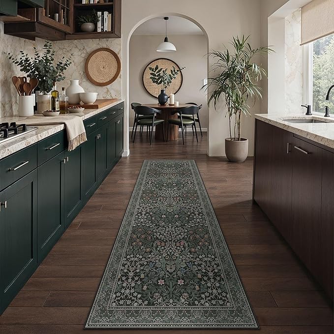 HUGEAR Vintage Floral 2x8 Machine Washable Runner Rugs Black Green Hallway Rug Retro Neutral Stain Resistant Non Slip Low Pile Throw Carpet for Bedroom Kitchen Aesthetic Modern Decor