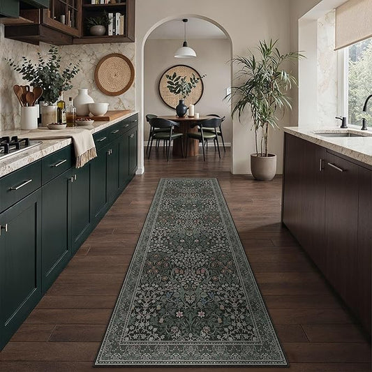 HUGEAR Vintage Floral 2x8 Machine Washable Runner Rugs Black Green Hallway Rug Retro Neutral Stain Resistant Non Slip Low Pile Throw Carpet for Bedroom Kitchen Aesthetic Modern Decor
