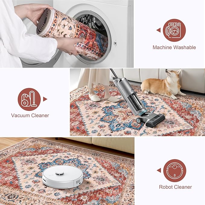 Ciicool 5x7 Area Rugs, Washable Area Rug Boho Rugs for Living Room Non-Slip Indoor Rugs Large Low-Pile Mat Floor Carpet Vintage Rug for Bedroom Office Dinning Foyer Decor