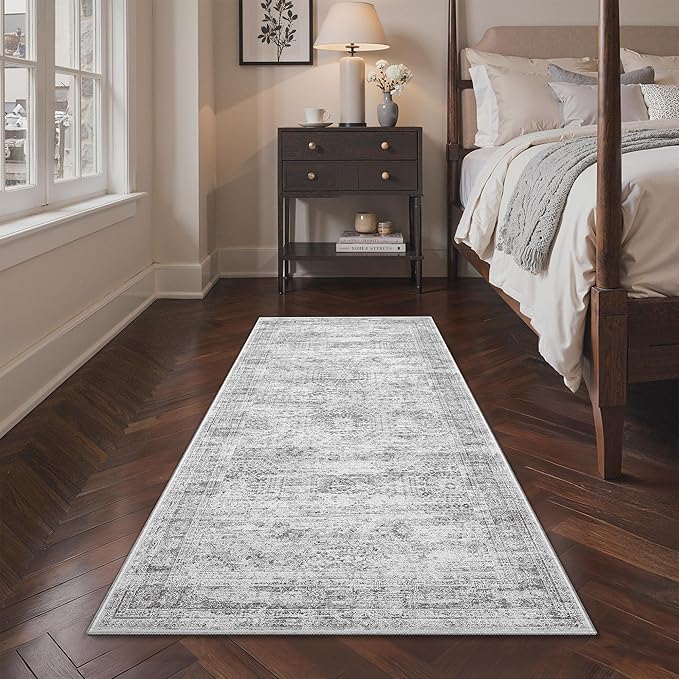 3x6 Runner Rug Non Slip, Thin Entryway Washable Rug for Entryway, Runners for Hallways, Low Pile Vintage Abstract Soft Rugs for Living Room, Kitchen, Bedroom (3'x6', Grey/Ivory')