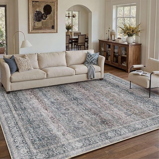 HUGEAR Washable Area Rug Vintage Neutral Living Room Bedroom Rug Large Soft Non Slip Distressed Low Pile Carpet