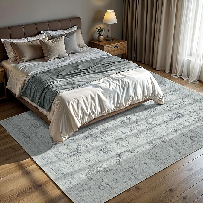 GLN Rugs Bohemian Collection - Machine Washable Area Rug, Bohemian Vintage, Non Slip, Low Pile Chenille Rug, Living Room, Bedroom, Bathroom Rug (9'x12' Beige and Gray)