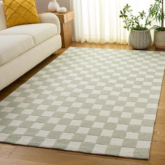 SAFAVIEH Area Rug 5x8 - Ebony Collection - Light Sage & Ivory, Handmade Wool, Checkered Design, Ideal for Living Room, Bedroom, Dining Space (EBN175W)