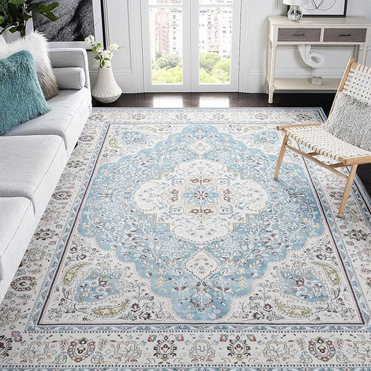 Ciicool Oriental Area Rug 5x7 for Living Room Washable Rugs Blue Floral Medallion Large Rugs Non-Slip Low-Pile Mat Floor Carpets Vintage Rug for Dining Bedroom Foyer Decor (Sky/Baby Blue)