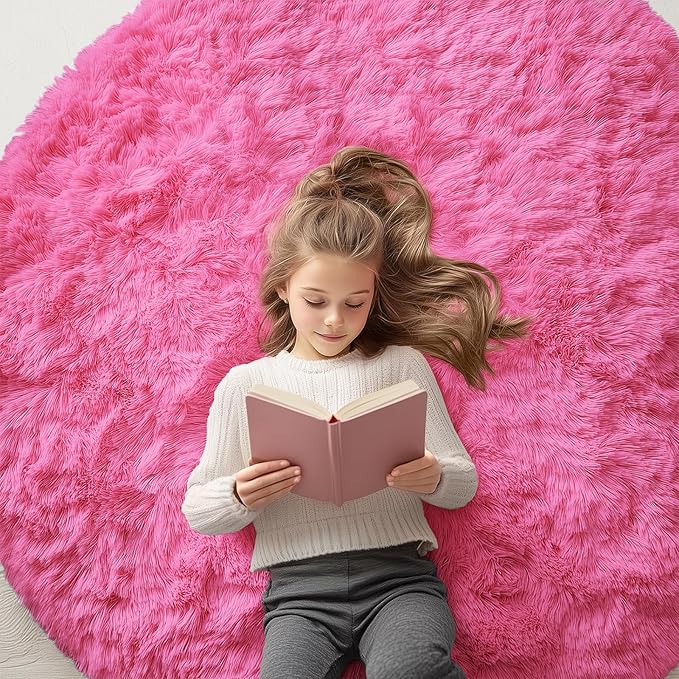 OLANLY Hot Pink Round Rugs for Bedroom - Machine Washable, 5 ft Circle Area Rugs for Living Room, Soft and Fluffy Shaggy Carpet for Teen Girls and Boys, Nursery Rooms, Dorms, Home Decor Aesthetic