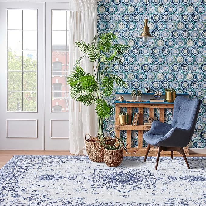 Area Rug 5x7 - Vintage Floral Honeycomb Non Slip Backing Carpet - Blue Softer Thicker Faux Wool Rug - Foldable & Machine Washable Rugs for Living Room Bedroom Dining Room Home Office