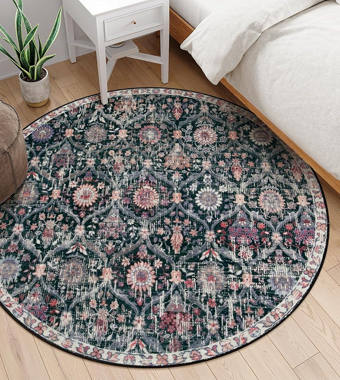 Lahome Moroccan Trellis Washable Round Area Rug, Soft Round Rugs 6ft Ultra-Thin Non-Slip, Vintage Large Circle Carpet for Bedroom Living Room Kitchen Nursery, Black/Multi