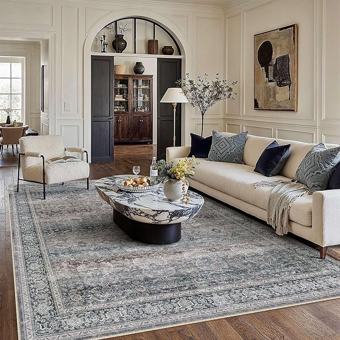 HUGEAR 6x9 Washable Area Rug Vintage Neutral Living Room Bedroom Rug Large Soft Non Slip Distressed Low Pile Carpet