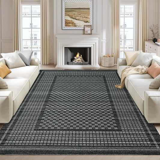 Washable Area Rug 9x12 Rug for Living Room Modern Geometric Large Area Rug for Bedroom Decor Checkered Rug Non Slip Throw Rugs Low Pile Stain Resistant Carpet for Dining Room 9'x12' Black