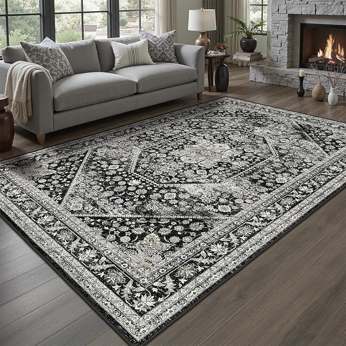 DCX Machine Washable Black Area Rug 5x7, Non Slip Stain Resistant Vintage Floral Rug for Living Room Bedroom Nursery, Soft Low Pile Large Carpet