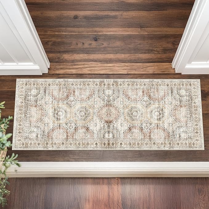 2x5 Rug Runner Washable for Entryway, Soft Bathroom Rugs with Non-Slop Backing, Abstract Low Pile Hallway Runner, Vintage Small Kitchen Carpet for Stair, Laundry Room(2'x5', Brown/Pink)