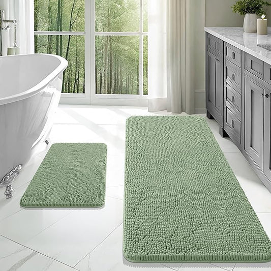 OLANLY Bathroom Rugs Sets 2 Piece, Soft Absorbent Chenille Bath Mats Area Rug Set, Non-Slip, Quick Dry, Machine Washable Bath Mats for Bathroom, Home Decor Accessories (47"x20"+24"x16", Sage Green)