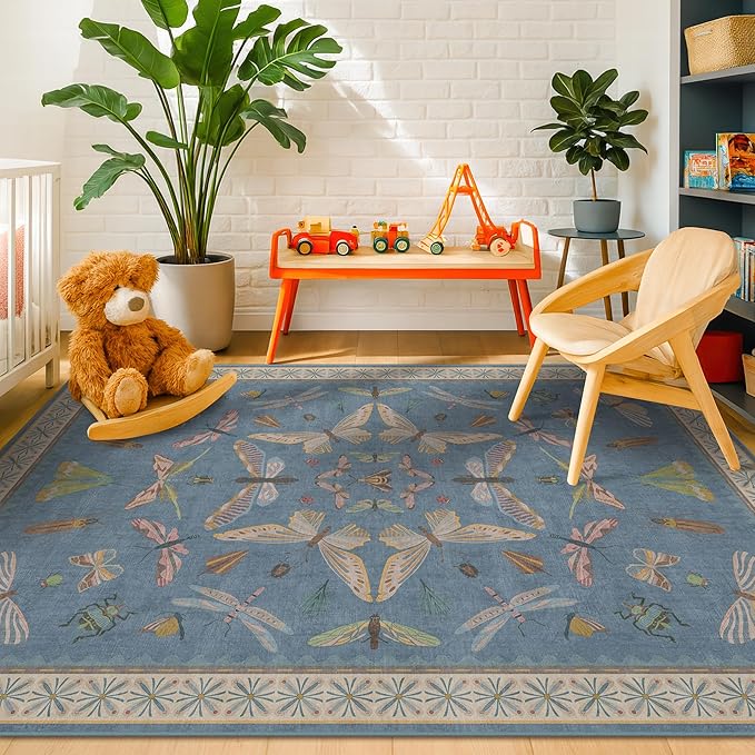 Blue Washable Kids Playroom Rug - 5x7 Area Rugs for Nursery Baby Boy, Bedroom, Living Room, Toddler Boy Room Decor, Cute Animals Print Carpet, Super Soft Non Slip Stain Resistant
