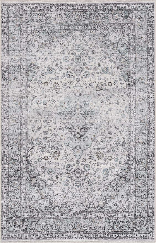 Hauteloom Boyana Bohemian Vintage Medallion Area Rug - Farmhouse Oriental Carpet for Living Room, Bedroom - Machine Washable- Light Blue, Off White, Charcoal - 6'7" x 9'