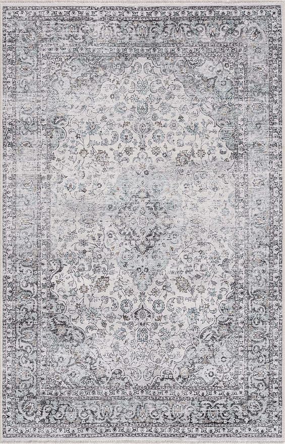 Hauteloom Boyana Bohemian Vintage Medallion Area Rug - Farmhouse Oriental Carpet for Living Room, Bedroom - Machine Washable- Light Blue, Off White, Charcoal - 7'10" x 10'3"