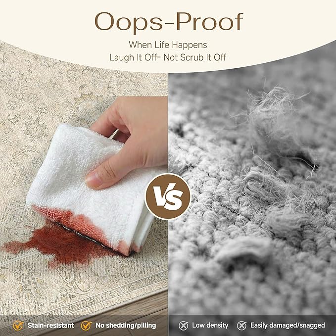 HUGEAR 2x6 Machine Washable Hallway Runner Rugs Vintage Beige - Neutral Non Slip Stain Resistant Low Pile Aesthetic Throw Carpet Kids & Pet Friendly for Bedroom Kitchen