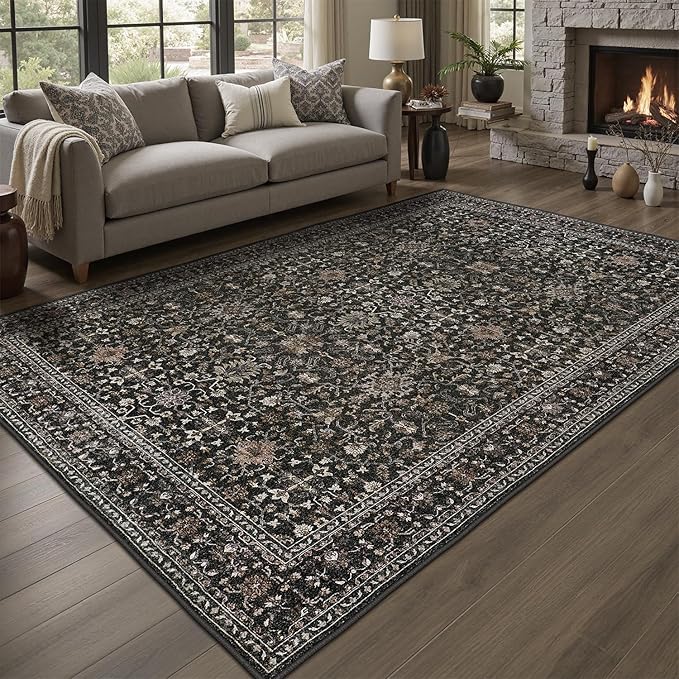 DCX Machine Washable Black Area Rug 5x7, Non Slip Stain Resistant Vintage Area Rug for Living Room Diningroom Bedroom Nursery, Soft Low Pile Large Carpet