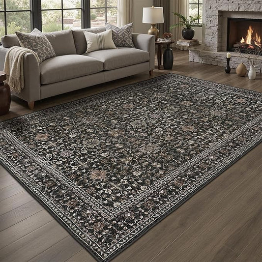 DCX Machine Washable Black Area Rug 5x7, Non Slip Stain Resistant Vintage Area Rug for Living Room Diningroom Bedroom Nursery, Soft Low Pile Large Carpet