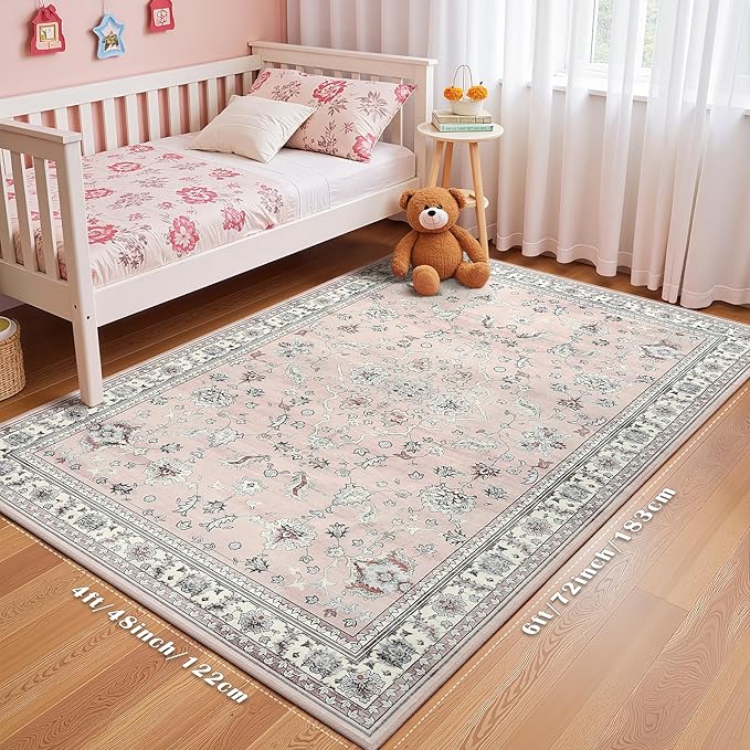 4x6 Light Pink Washable Boho Area Rug for Living Room, Vintage Floral Non Slip Bedroom Rugs, Wool Low Pile Indoor Mat, Aesthetic Pattern Carpet for Kitchen, Office and Bedside