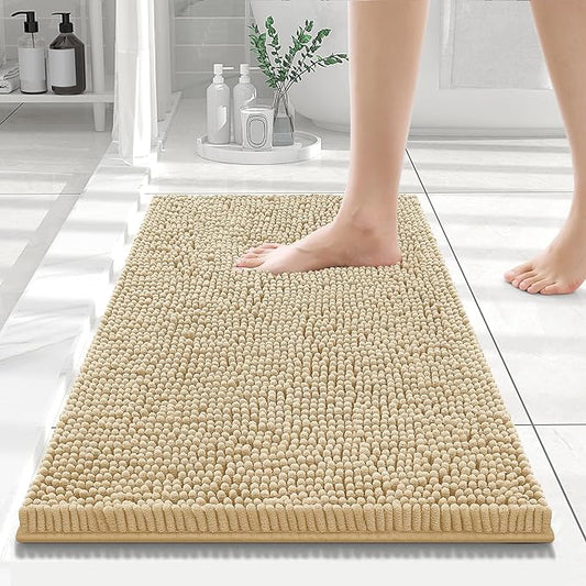 Smiry Luxury Chenille Bathroom Rugs 24x16, Extra Soft and Absorbent Shaggy Bath Mat, Machine Washable, Non-Slip Plush Carpet Runner for Tub, Shower, and Floor, Home Decor Accessories, Beige