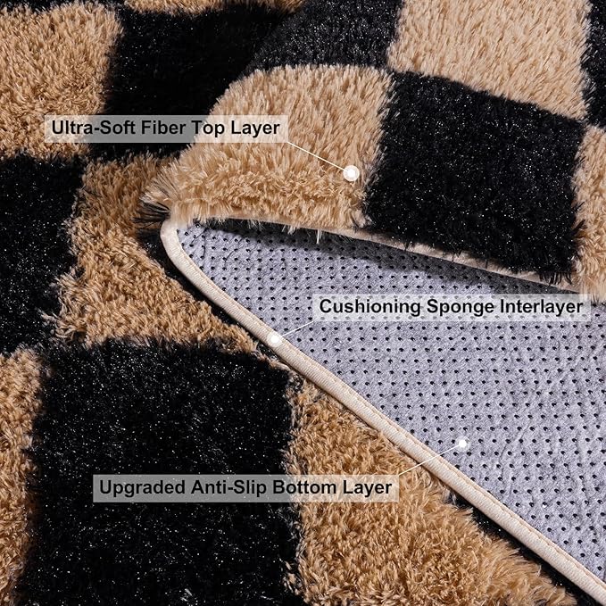 Checkered Rug 4x6 for Bedroom, Fluffy Plush Area Rug Non Slip, Modern Indoor Shag Rugs for Living Room Girls Kids Room Nursery Dorm Home Decor, Black and Beige