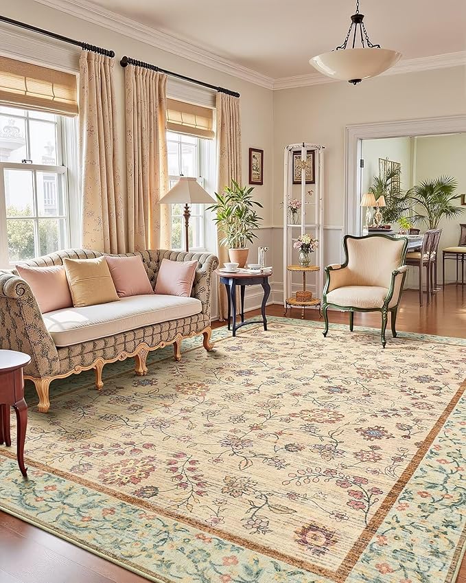 9x12 Large Area Rug for Living Room, Boho Machine Washable Bedroom Rugs, Vintage Floral Non Slip Rugs, Soft Low Pile Carpet for Dining Room Office Farmhouse, Beige/Green